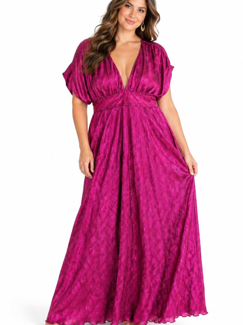 Anthropologie Saylor 3X Fuchsia Metallic Maxi Dress Plunge V-Neck NWT